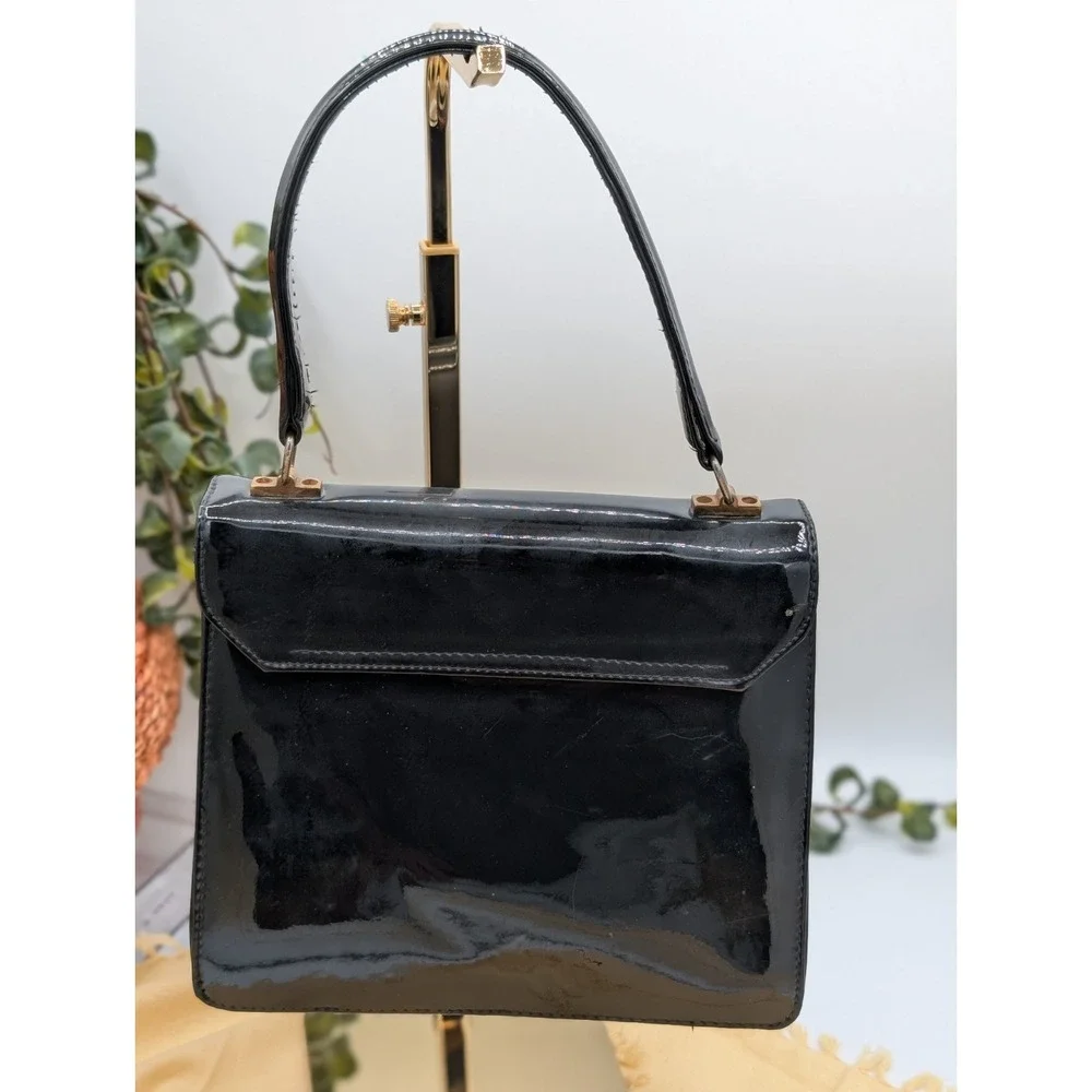 Vintage Black Patent Leather Accordion Bag • Structured Top Handle V-Flap Purse